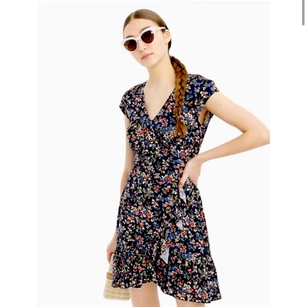 Navy Blue J. Crew Floral V-Neck Faux Wrap Mini Dress with Ruffle Hem